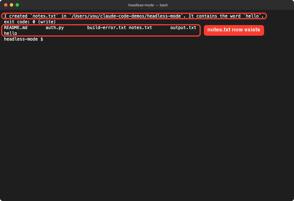 Terminal showing Claude created notes.txt and the file contains hello after using --allowedTools Write