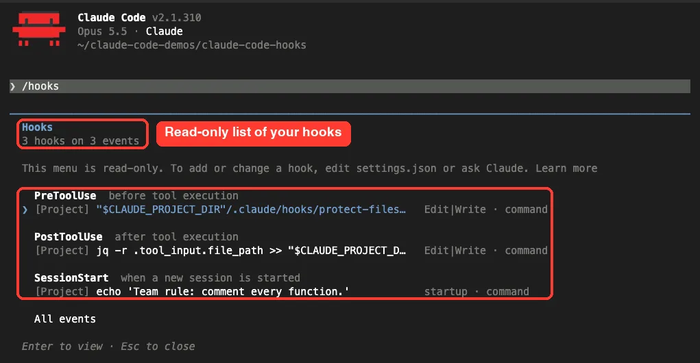 The /hooks menu in Claude Code listing three project hooks on PreToolUse, PostToolUse and SessionStart