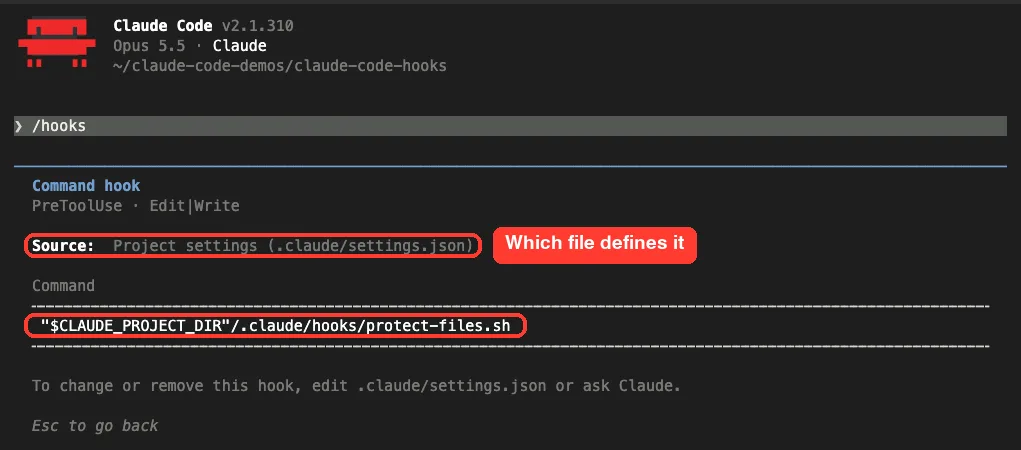 Claude Code hook detail view showing PreToolUse Edit|Write, the project settings source and the script command
