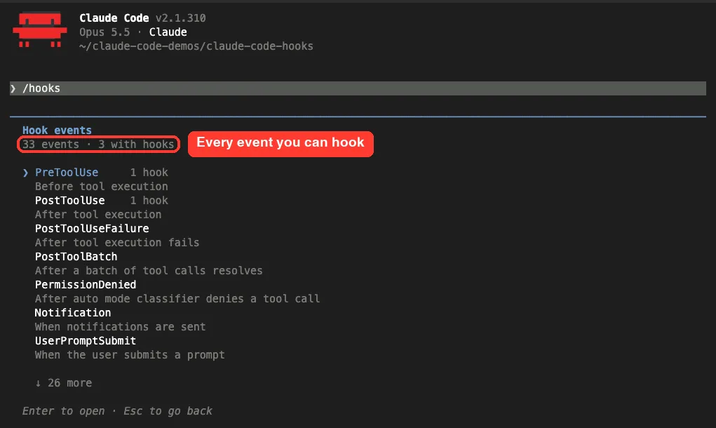 Claude Code Hook events list showing 33 events with 3 that have hooks