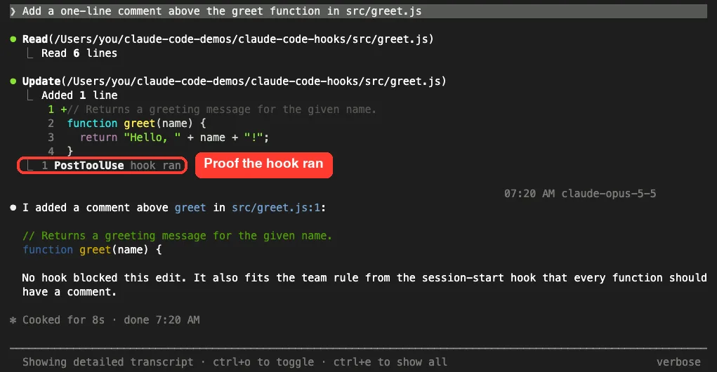 Claude Code detailed transcript showing an Update to src/greet.js followed by the line 1 PostToolUse hook ran