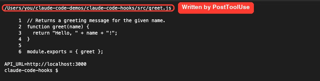 Terminal showing edits.log with the path of src/greet.js and the file with its new comment
