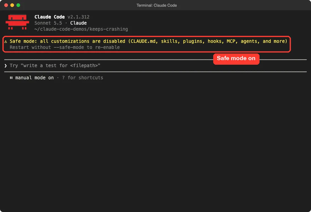 Claude Code startup screen with a yellow safe mode warning in a red box
