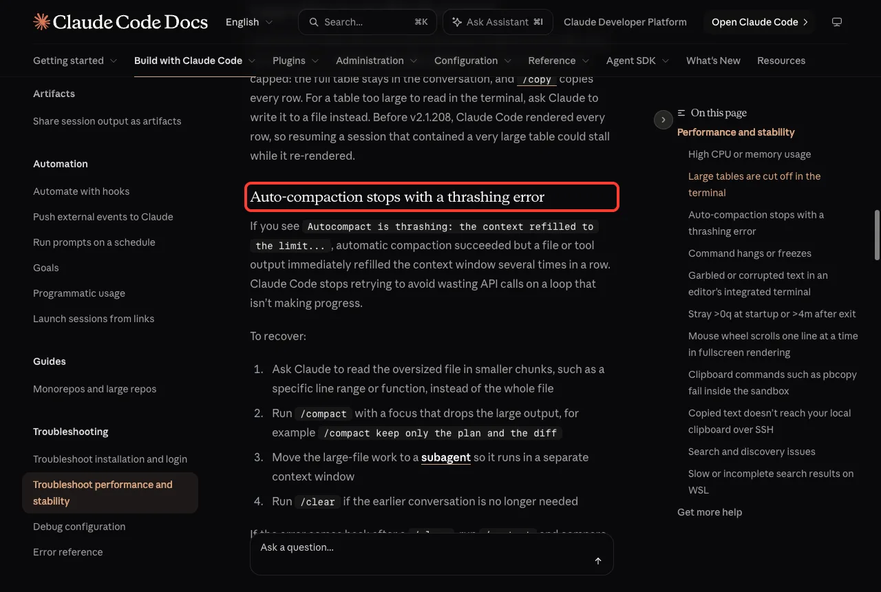 Official docs section Auto-compaction stops with a thrashing error with its heading in a red box