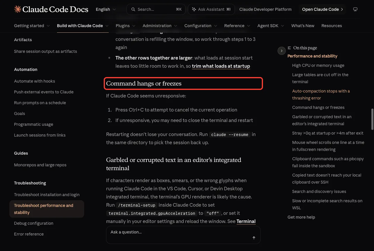 Official docs section Command hangs or freezes with its heading in a red box