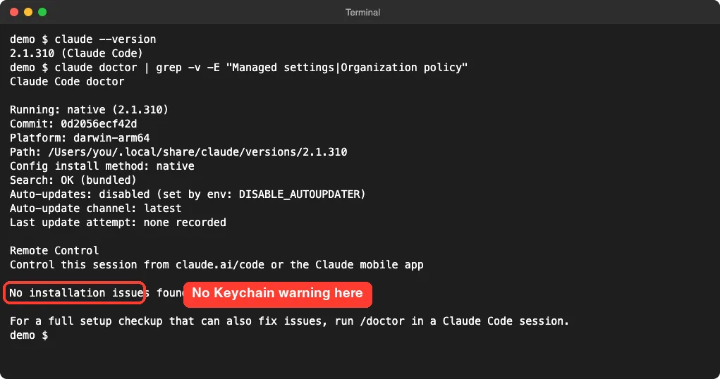 Terminal running claude doctor on a Mac, showing the version, install details and No installation issues found, highlighted in red