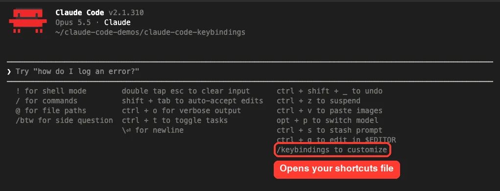 Claude Code shortcuts menu opened with a question mark, listing default keys and a hint to run /keybindings to customize