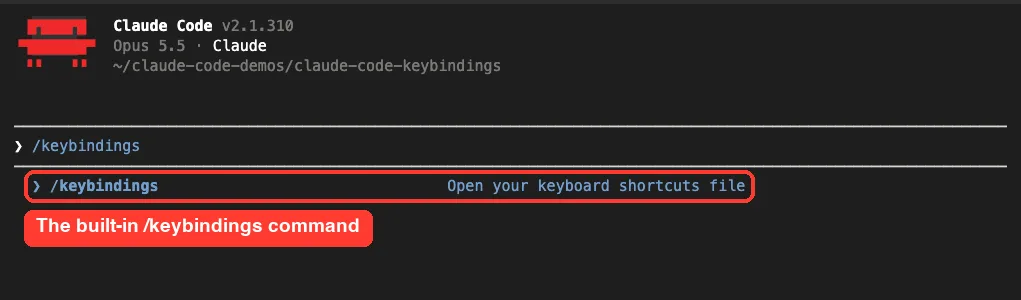 The /keybindings slash command in Claude Code autocomplete with its description