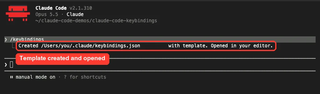 Claude Code confirming it created keybindings.json in the .claude folder with a template and opened it in the editor