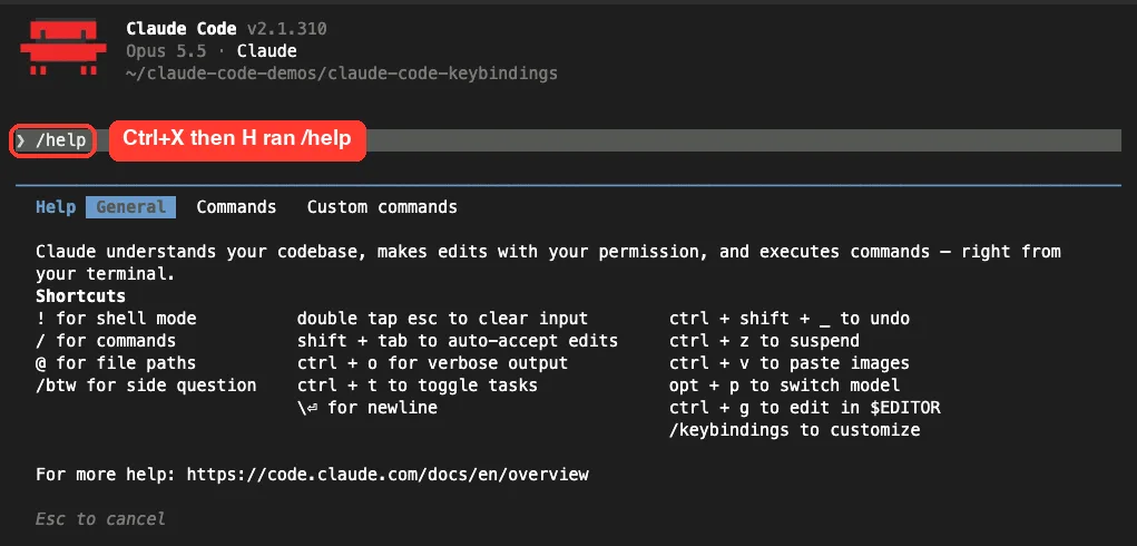 Claude Code help dialog opened by a custom Ctrl+X H keybinding that runs the /help command