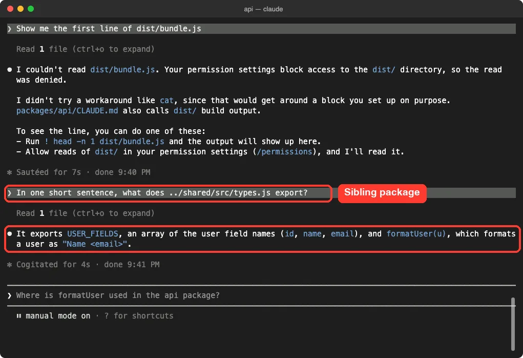 Claude Code reading a file in the sibling shared package and summarizing its exports