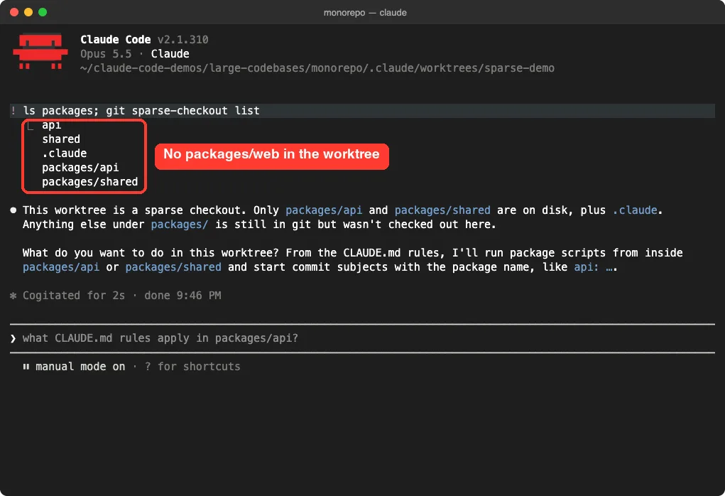 Claude Code session inside a sparse worktree where the packages folder contains only api and shared