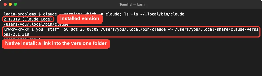 Terminal showing claude --version 2.1.310, which -a claude and the native install symlink