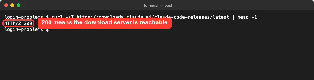 Terminal showing curl -sI to downloads.claude.ai returning HTTP/2 200