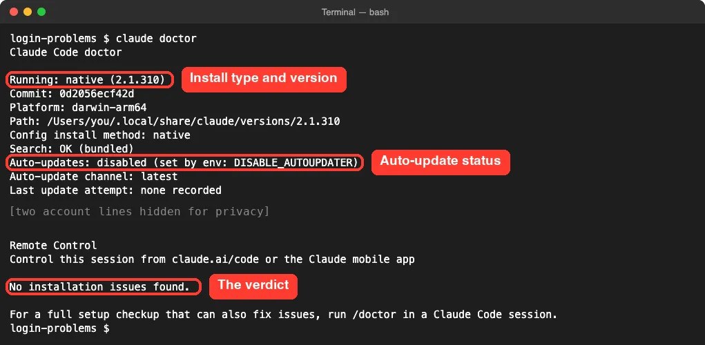 claude doctor report showing native install 2.1.310, auto-update status and No installation issues found