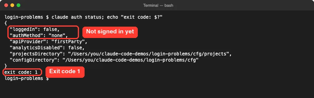 claude auth status output showing loggedIn false, authMethod none and exit code 1