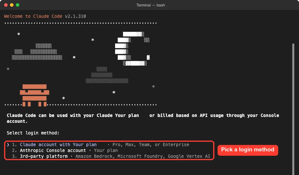 Claude Code Select login method menu with Claude account, Anthropic Console account and 3rd-party platform options