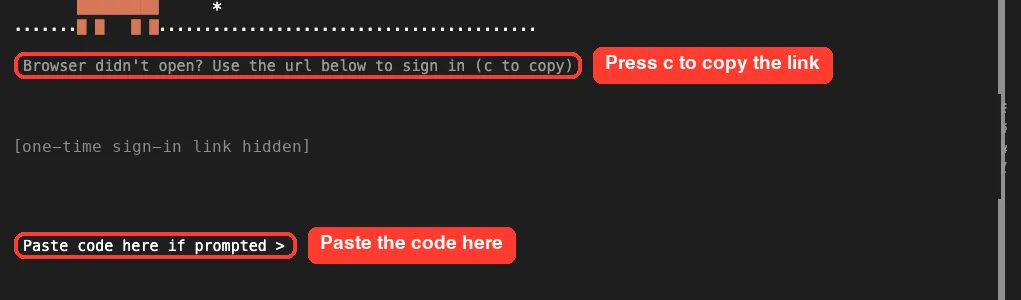 Claude Code login screen showing Browser didn't open, c to copy the link, and Paste code here if prompted