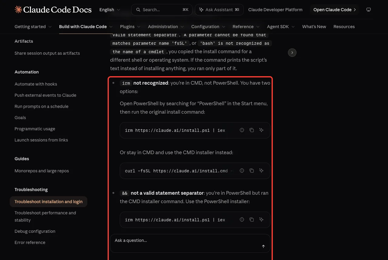 Official docs list of wrong install commands on Windows, including irm not recognized and the PowerShell installer command