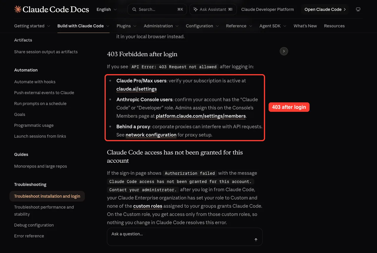 Official docs section 403 Forbidden after login with three causes highlighted