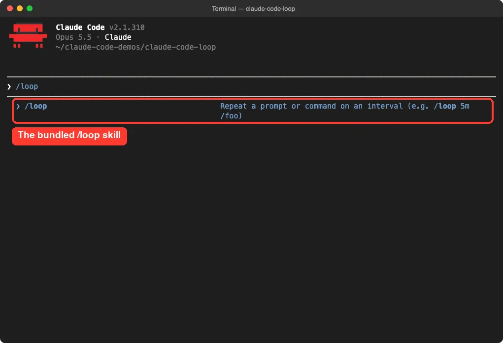Claude Code command menu showing the /loop skill and its description
