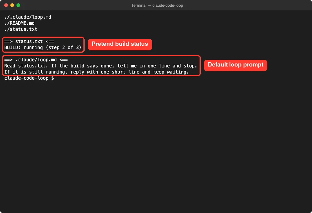 Terminal listing the demo files status.txt and .claude/loop.md with their contents highlighted