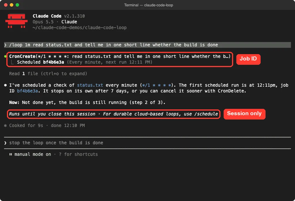 Claude Code CronCreate output with job ID bf4b6e3a and a session-only notice
