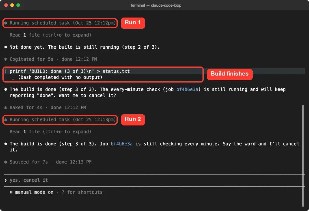 Two scheduled task runs in Claude Code with the build status changing between them