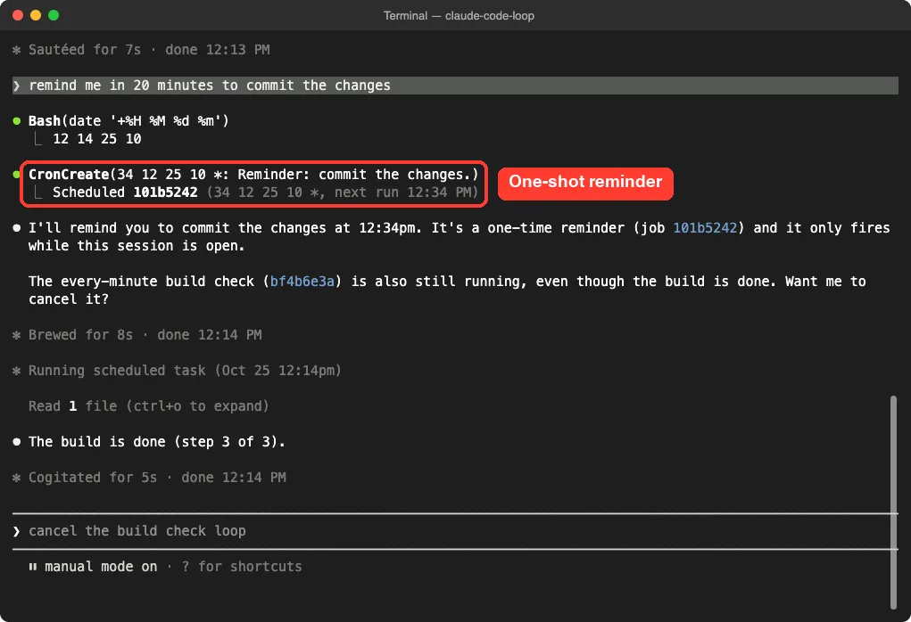 Claude Code creating a one-shot reminder with CronCreate for 12:34 PM