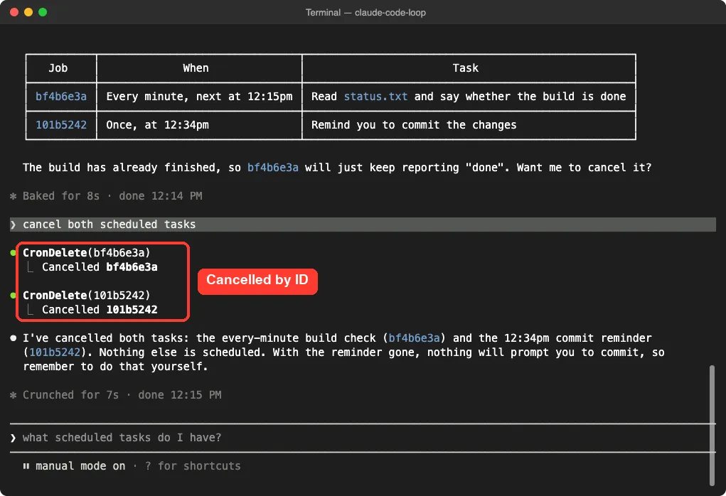 Claude Code cancelling two scheduled tasks with CronDelete