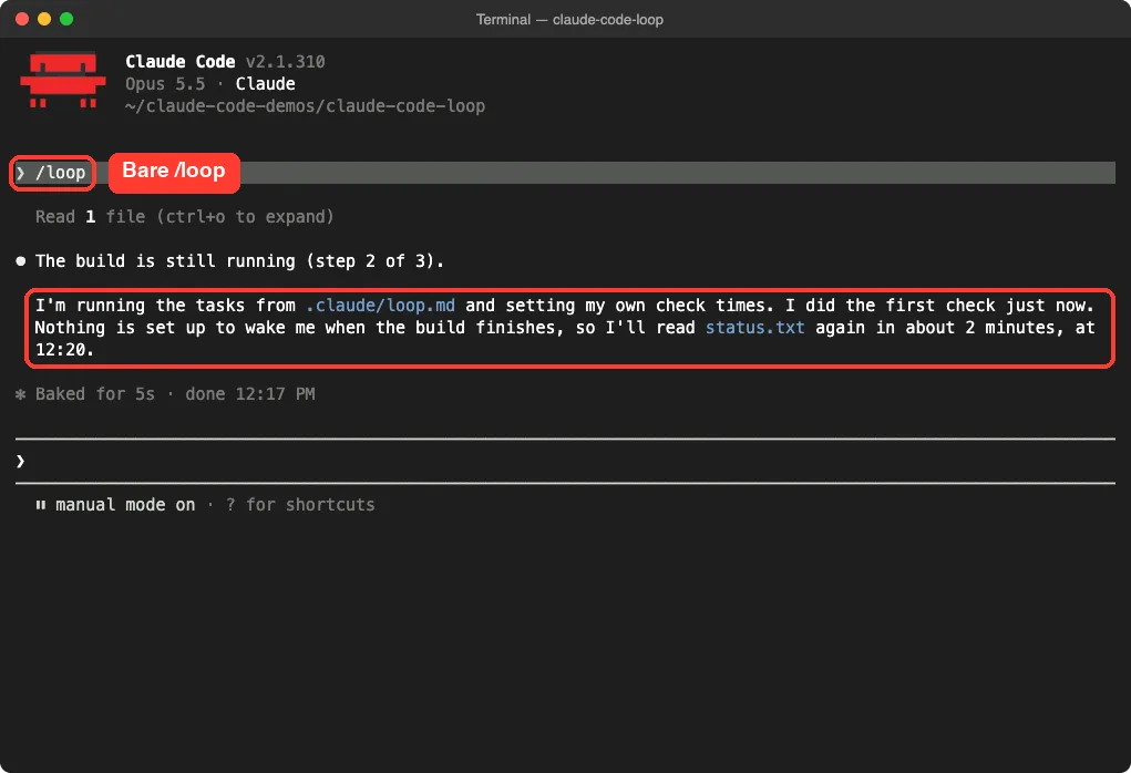 Self-paced /loop in Claude Code explaining it will check status.txt again in about 2 minutes