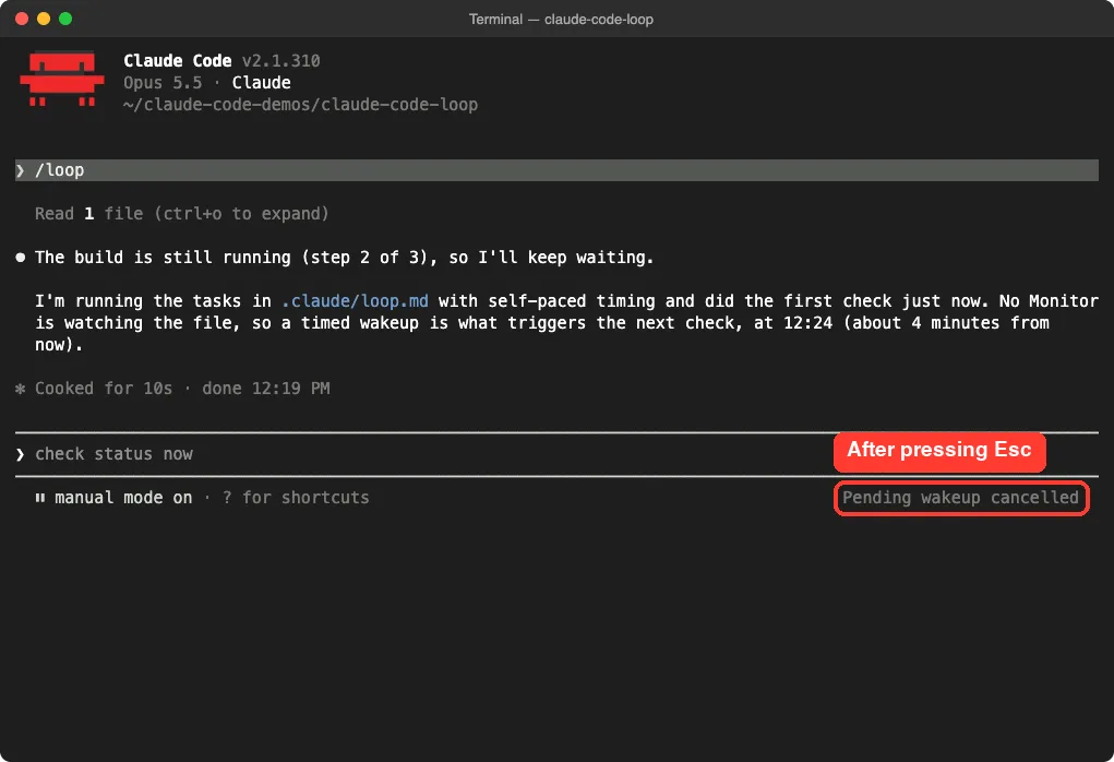 Pending wakeup cancelled notice in Claude Code after pressing Esc