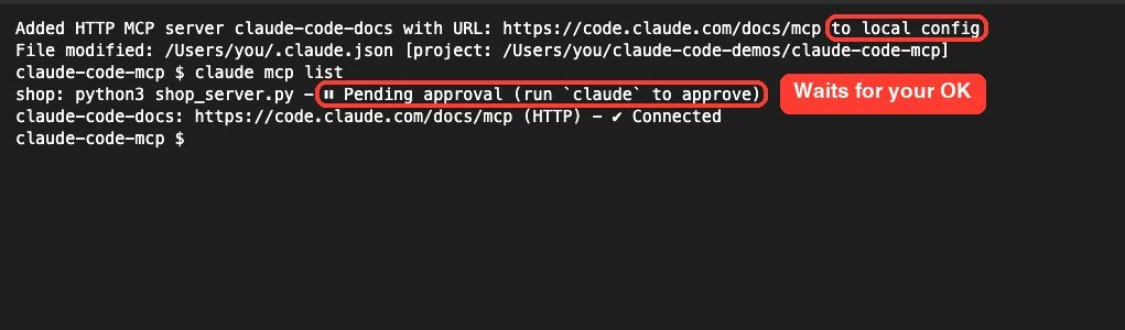 Terminal showing claude mcp add saving the claude-code-docs server to local config, then claude mcp list showing it Connected and a project server pending approval