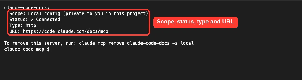 Output of claude mcp get claude-code-docs showing Local config scope, Connected status, http type and the server URL