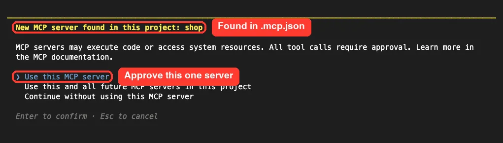 Claude Code prompt saying New MCP server found in this project: shop, with options Use this MCP server, Use this and all future MCP servers in this project, and Continue without using this MCP server