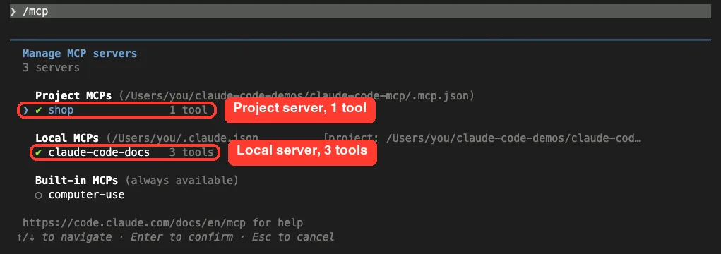 The /mcp panel listing the shop project server with 1 tool, the claude-code-docs local server with 3 tools, and the built-in computer-use server