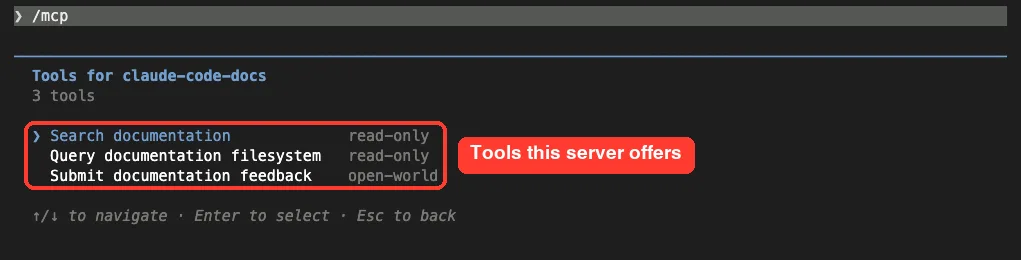 Tools for claude-code-docs: Search documentation and Query documentation filesystem marked read-only, Submit documentation feedback marked open-world