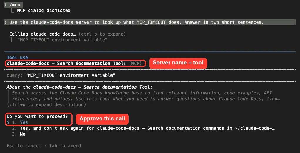 Permission prompt for claude-code-docs Search documentation Tool (MCP) with the query MCP_TIMEOUT environment variable and options Yes, Yes and don't ask again, and No