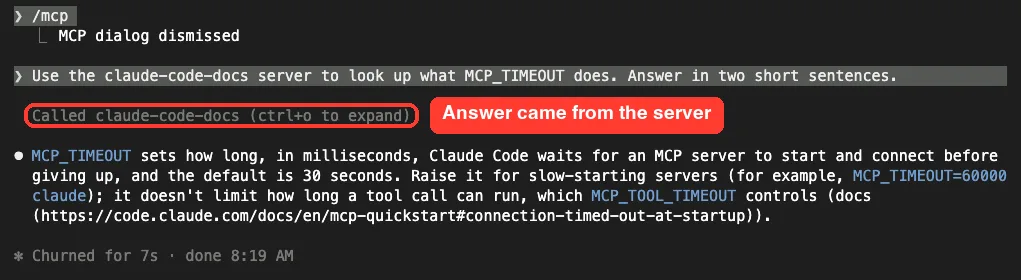 Claude Code answer explaining that MCP_TIMEOUT sets how long Claude Code waits for an MCP server to start, with a Called claude-code-docs line above it