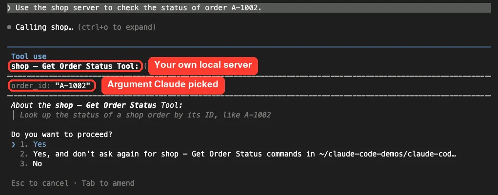 Permission prompt for the shop Get Order Status Tool with the argument order_id A-1002 and the tool description