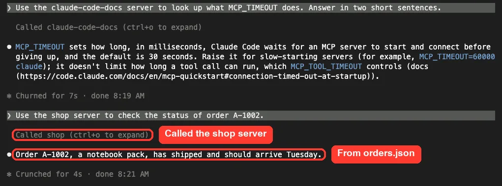 Claude Code answer saying Order A-1002, a notebook pack, has shipped and should arrive Tuesday, below a Called shop line