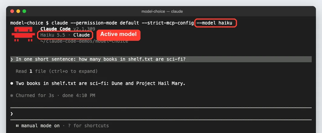 Terminal showing claude launched with --model haiku, the startup header reading Haiku 5.5, and a one-line answer about two sci-fi books