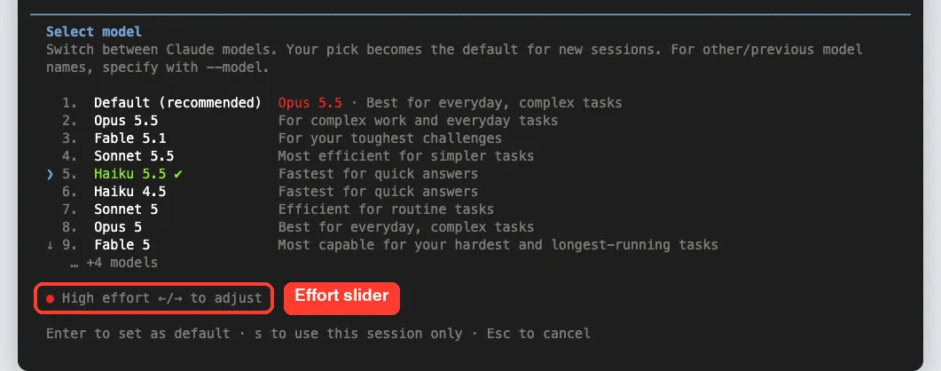 Bottom of the /model picker showing High effort with arrow keys to adjust