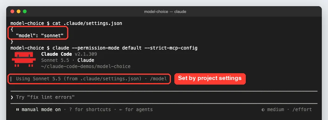 Terminal showing a .claude/settings.json file with model set to sonnet and Claude Code starting with the notice Using Sonnet 5.5 from .claude/settings.json