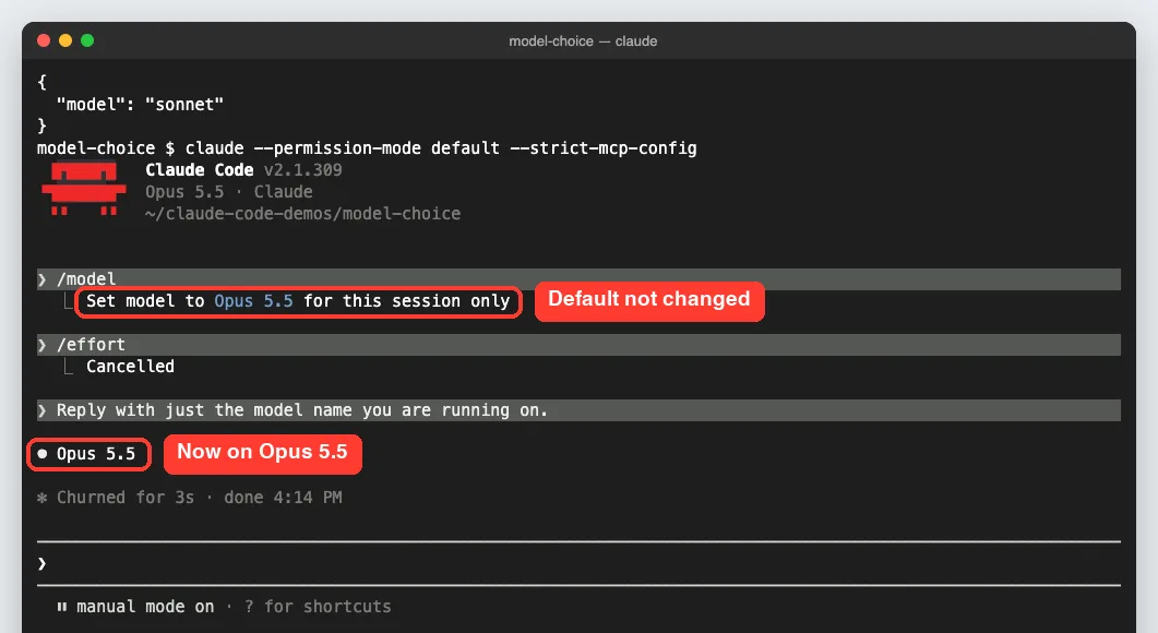 Claude Code showing Set model to Opus 5.5 for this session only, followed by a prompt answered with Opus 5.5