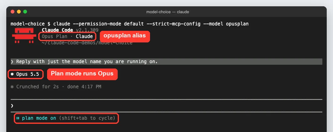 Claude Code started with --model opusplan showing Opus Plan in the header, plan mode on, and the reply Opus 5.5