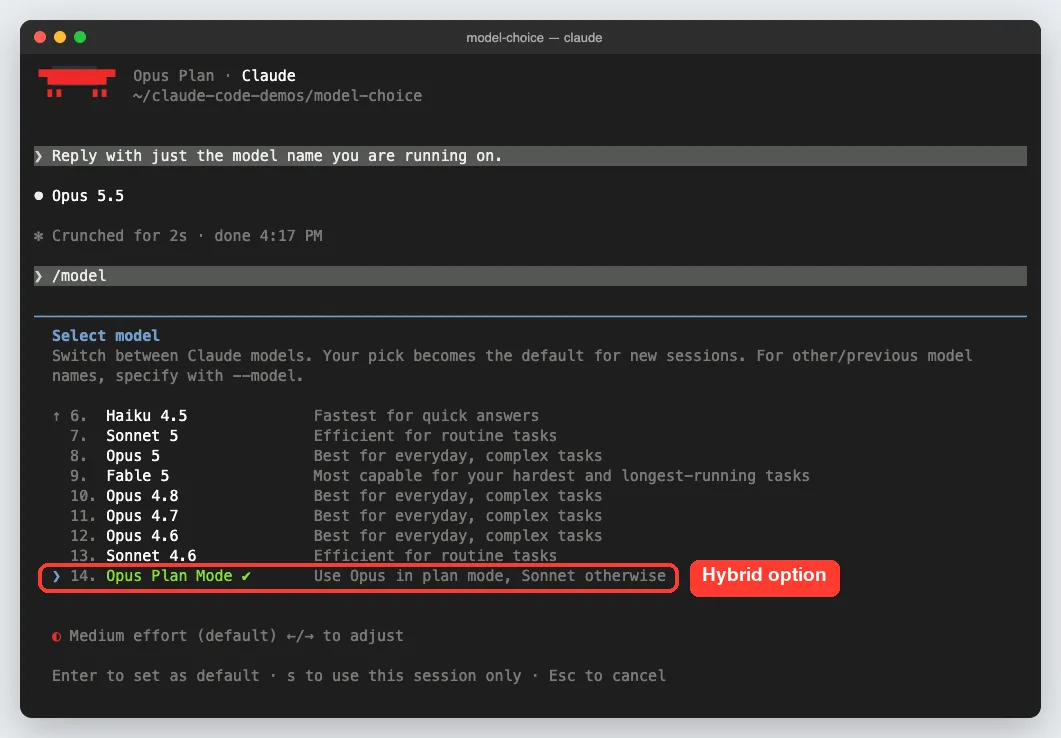 The /model picker scrolled down to row 14, Opus Plan Mode, described as Use Opus in plan mode, Sonnet otherwise