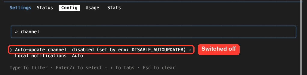 The /config screen filtered to channel, showing the Auto-update channel row marked disabled and set by env DISABLE_AUTOUPDATER