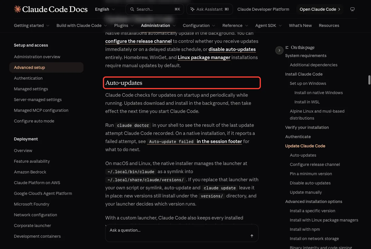 Official Claude Code docs page with the Auto-updates heading highlighted in a red box