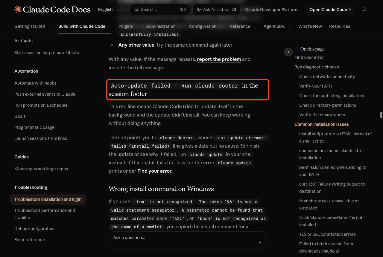 Official troubleshooting page section for the Auto-update failed red footer line, highlighted in a red box
